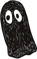 a black ghost with eyes and a black nose.jpg